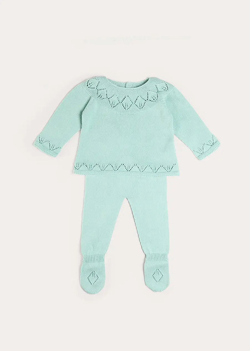 Diamond Openwork Three Piece Knitted Set in Sage Green (1-9mths)