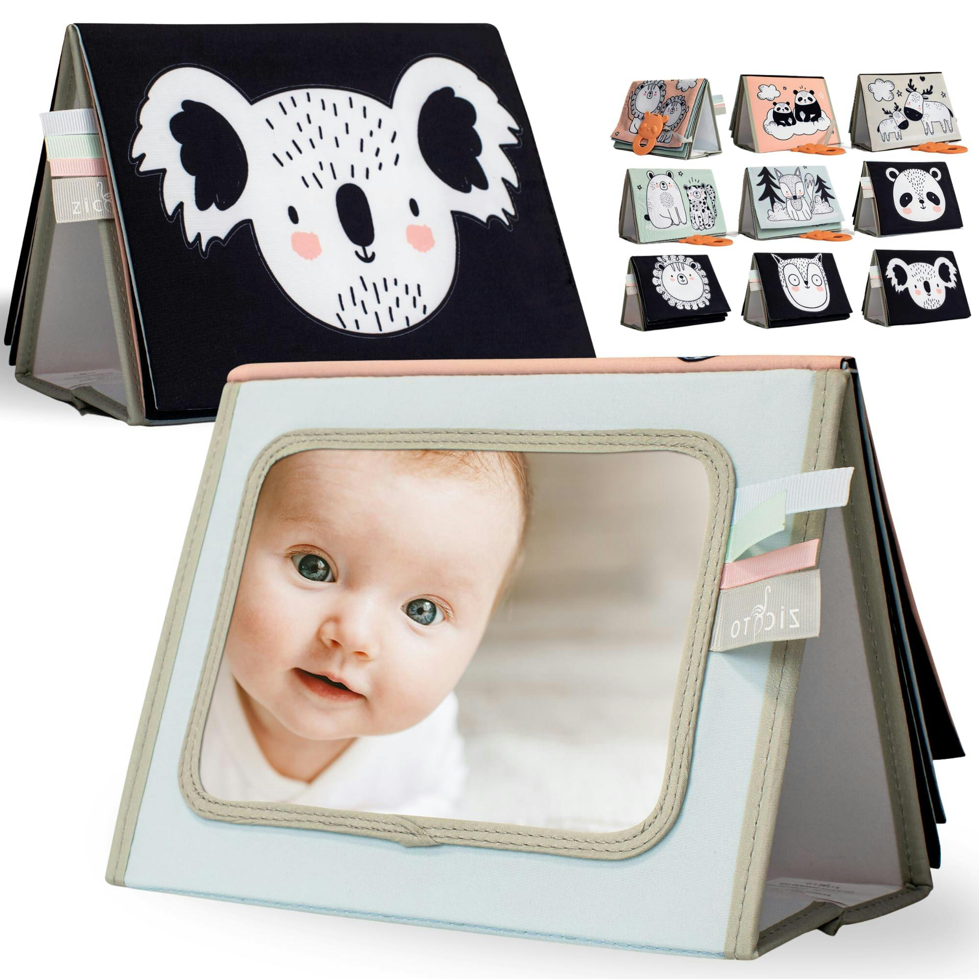 Soft Tummy Time Book w/Large Stimulating Baby Safe Mirror - High Contrast Montessori Toy w/Mirror, Crinkle Filling & Silicone Teether - For Newborn Development