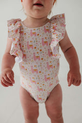 Baby Girl Ruffle Sleeve Cross Back Swimsuit in Llamas