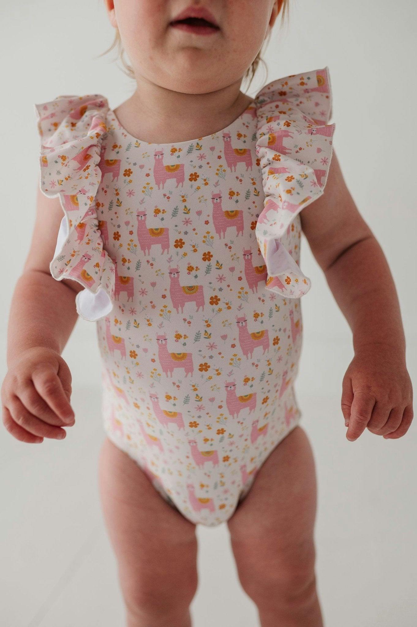 Baby Girl Ruffle Sleeve Cross Back Swimsuit in Llamas