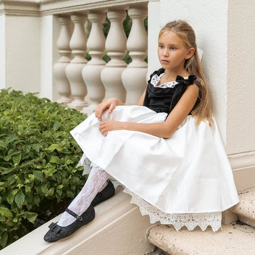Audrey Black Velour Top and White Sateen Dress