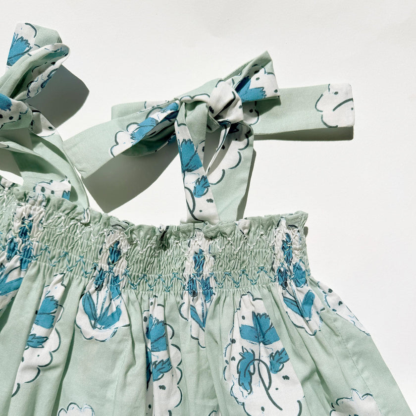 Teatime Dress | Smocked Tie Top | Medallion Flower Blue