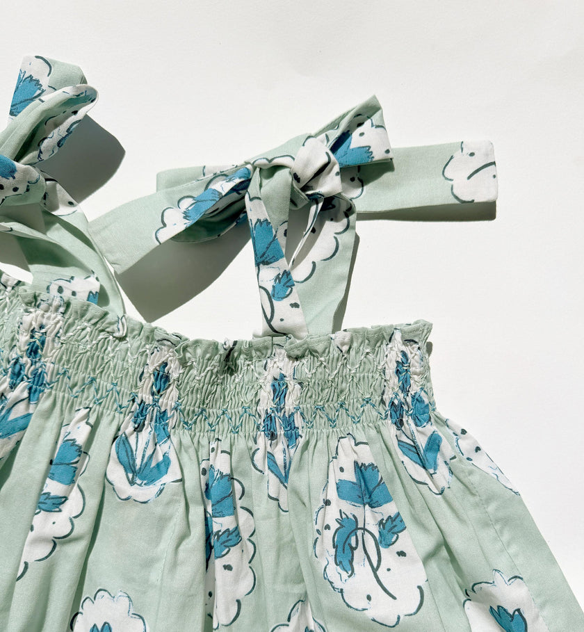 Teatime Dress | Smocked Tie Top | Medallion Flower Blue