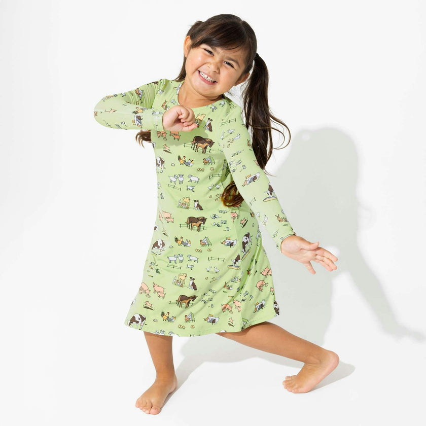 Farm Animals Bamboo Girls' Long Sleeve Dress
