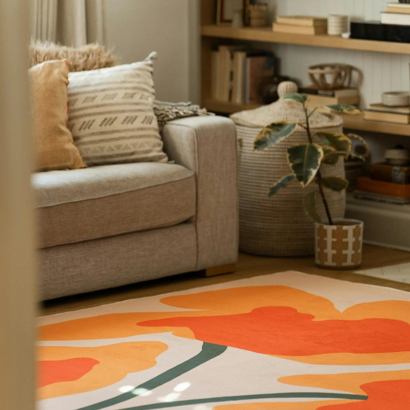 Orange Abstract Floral Sprig Rug by Sophie Deller
