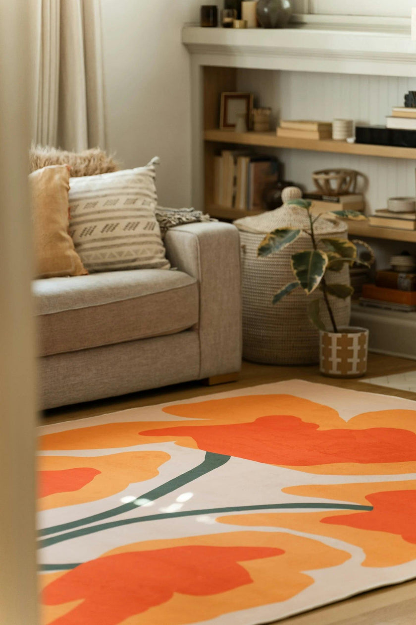 Orange Abstract Floral Sprig Rug by Sophie Deller
