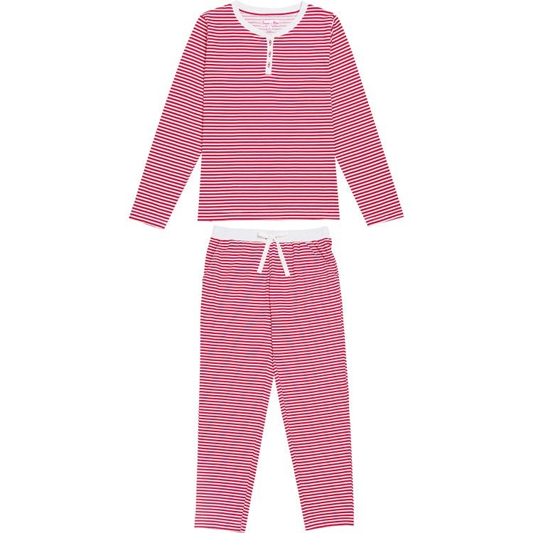 Women's Red Stripe Jersey Long PJ Set - Organic Stretch Cotton
