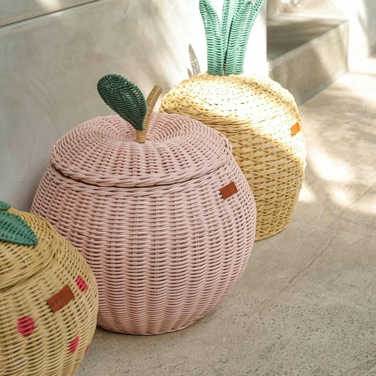 Handcrafted - Apple Storage Basket Pink (Medium) - Rattan Wicker