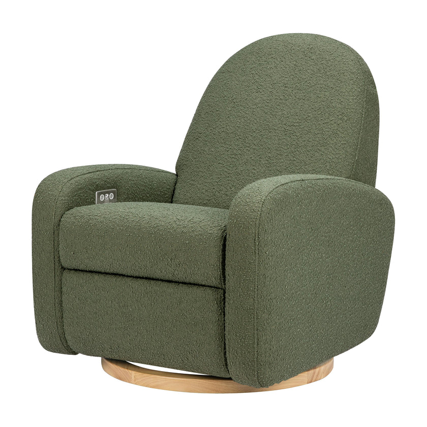 Nami Electronic Recliner & Swivel Glider Recliner With Usb Port in Olive Boucle with Light Wood Base