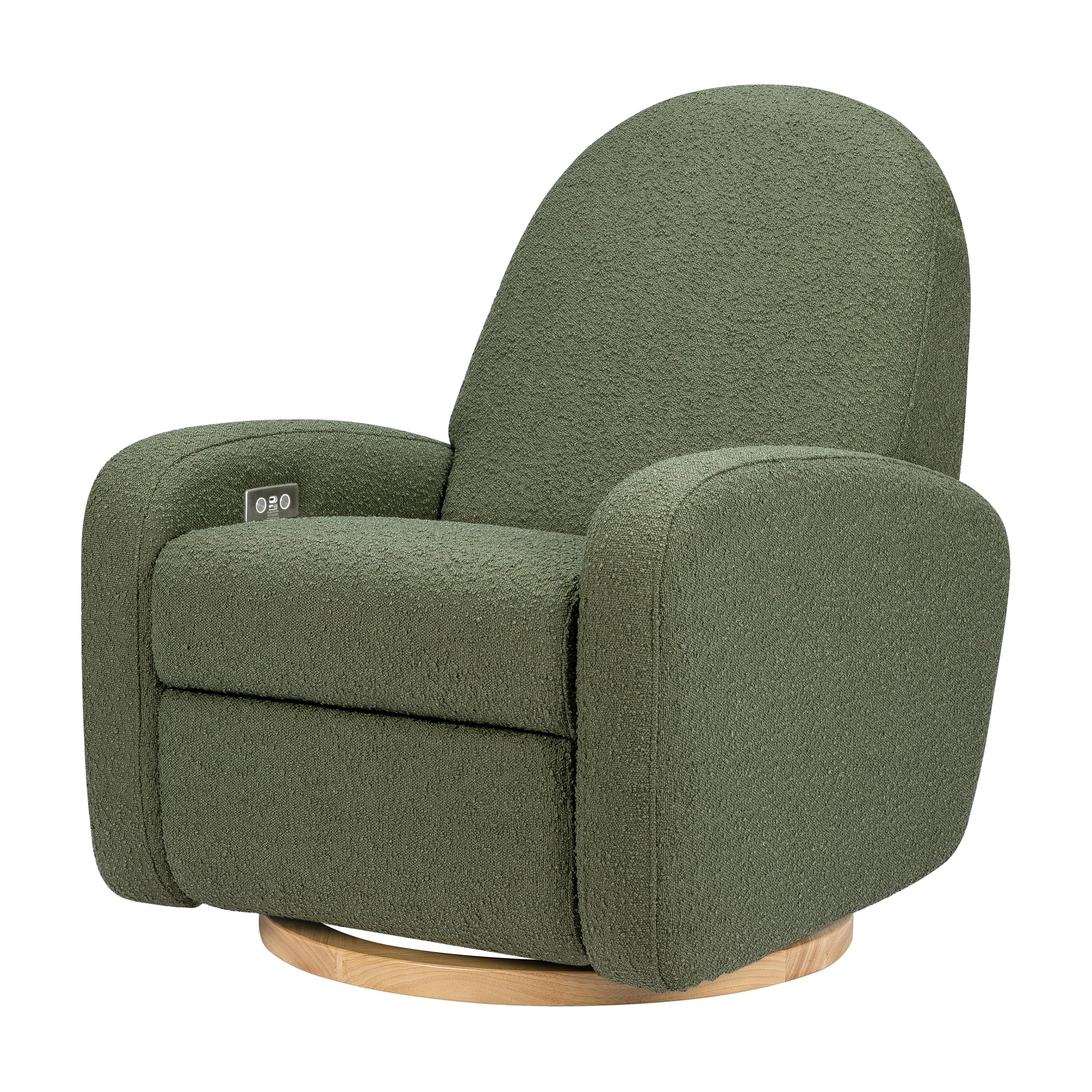 Nami Electronic Recliner & Swivel Glider Recliner With Usb Port in Olive Boucle with Light Wood Base