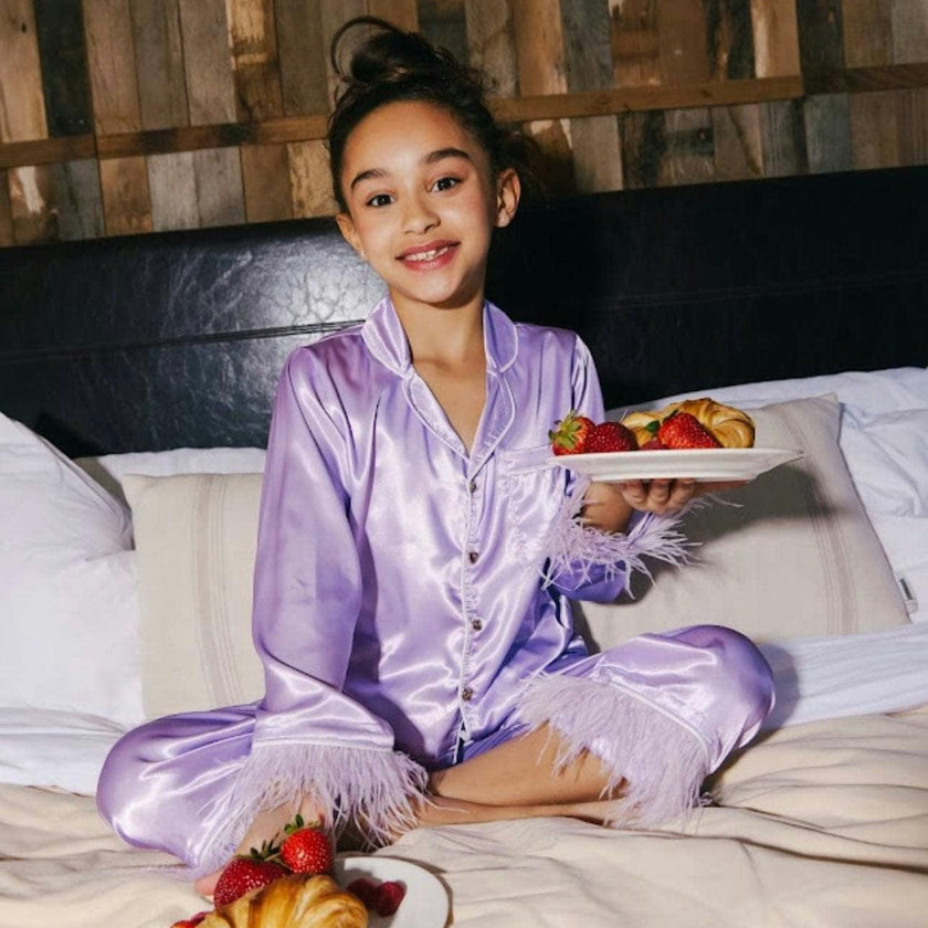 Feather Trim Cuff Silk Pajamas Set