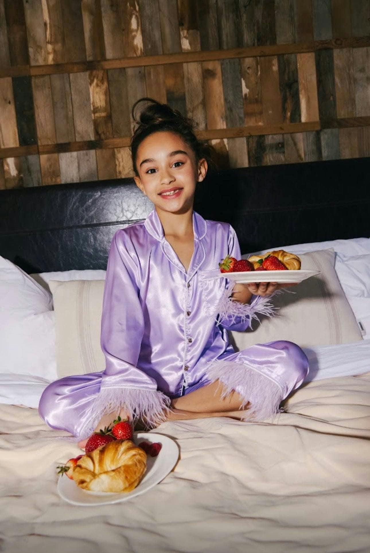 Feather Trim Cuff Silk Pajamas Set