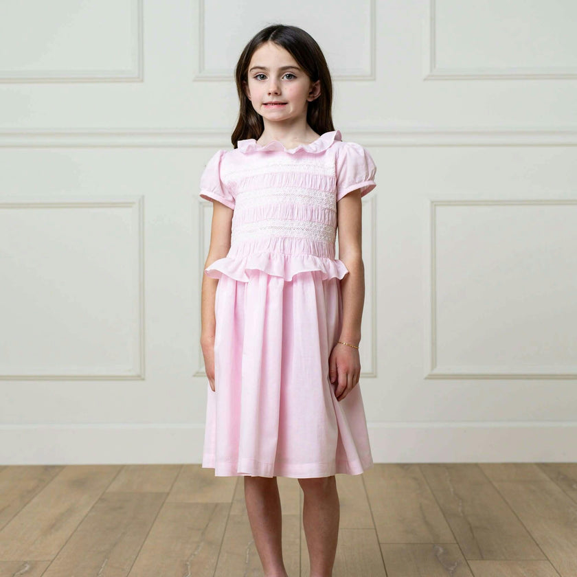 Organic Puff Sleeve Smocked Party Dress with Ruffle Collar, Pink