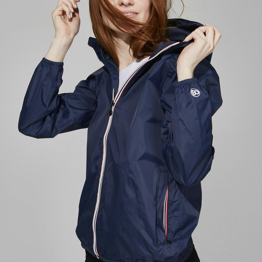 Navy full zip packable rain jacket and windbreaker