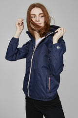 Navy full zip packable rain jacket and windbreaker