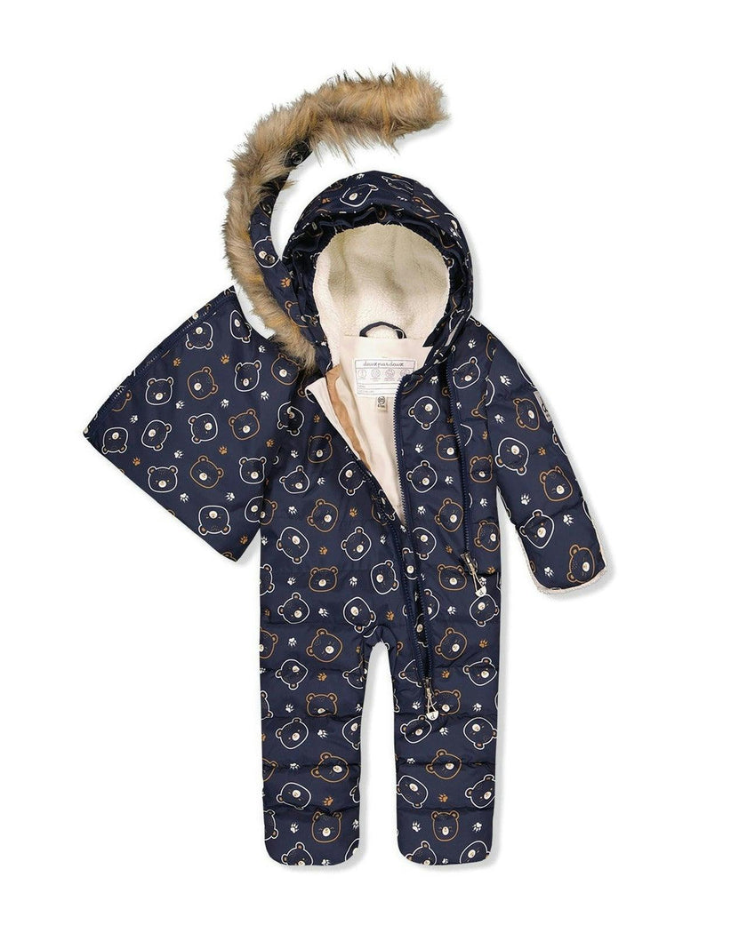 Baby Snug One Piece Snowsuit Adapted For Car Seats Blue Printed Teddy Bears