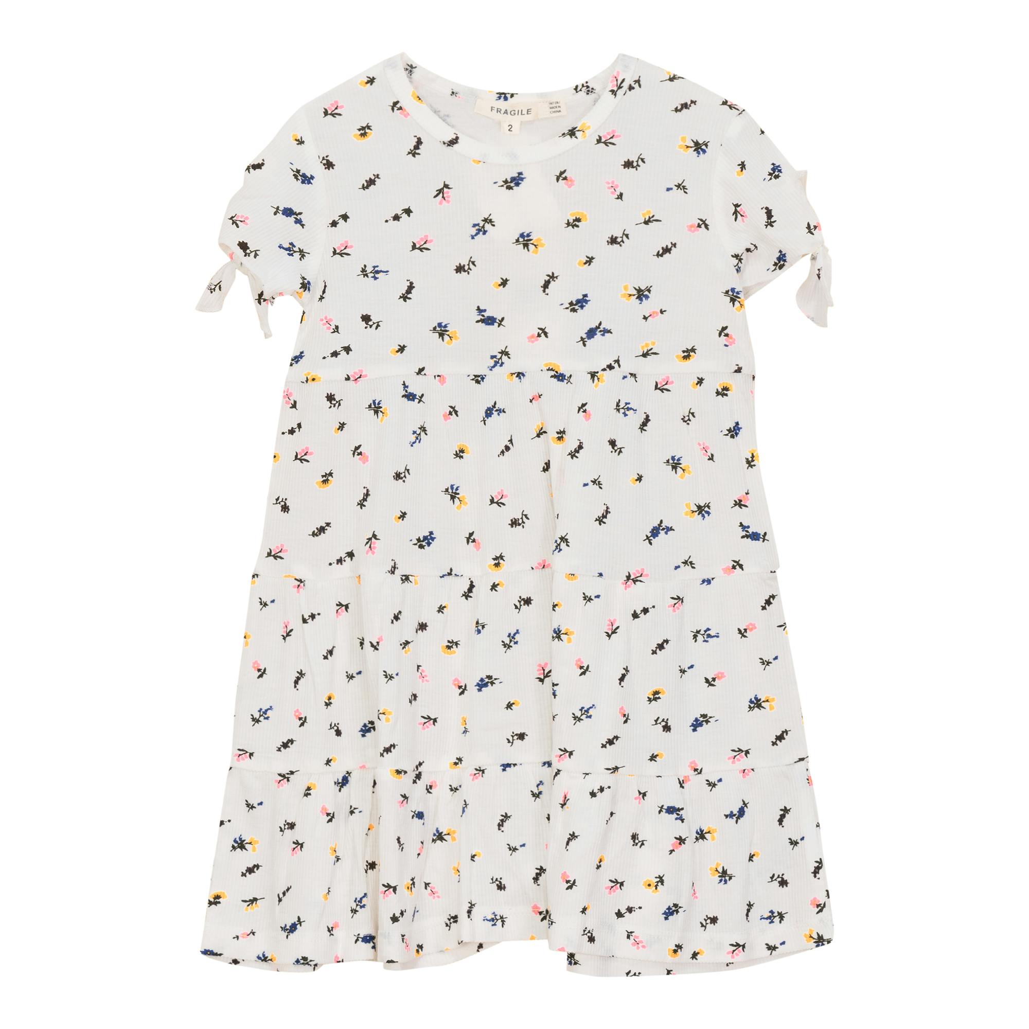 Multi Flower Print Ribbed Short Sleeve Dress
