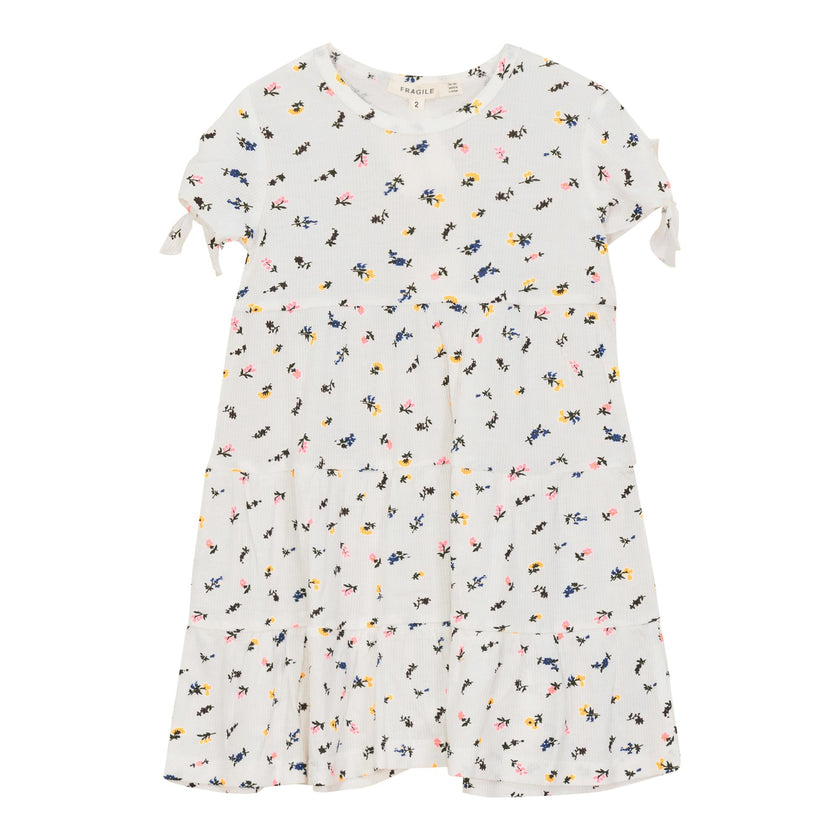 Multi Flower Print Ribbed Short Sleeve Dress