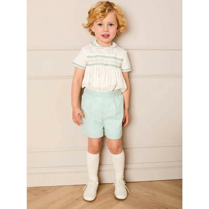 Wimbledon Stripe Hand Smocked Peter Pan Collar Two Piece Set in Green (18mths-6yrs)