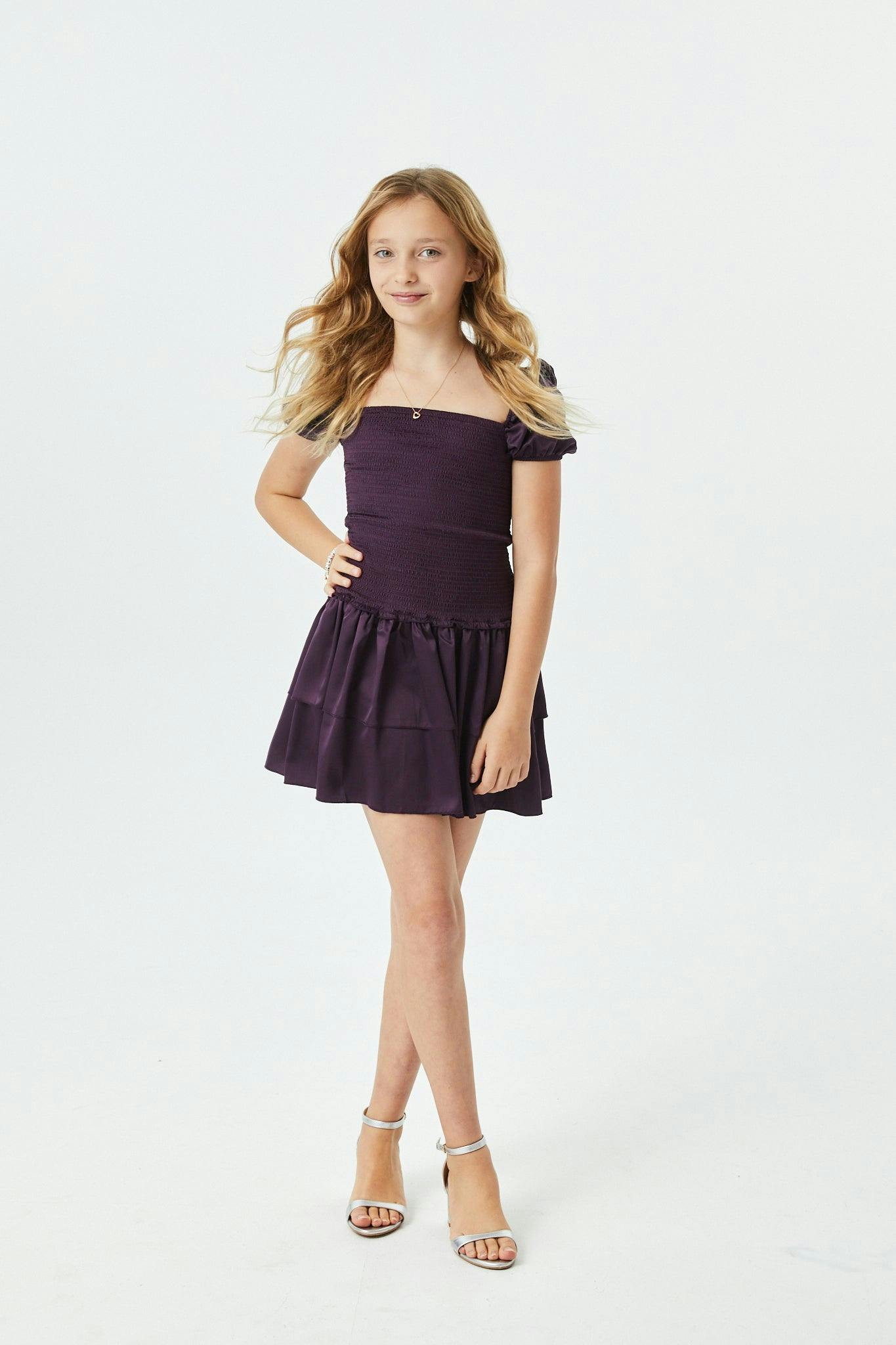 Lexi Aubergine Satin Smocked Short Sleeve Ruffle Dress