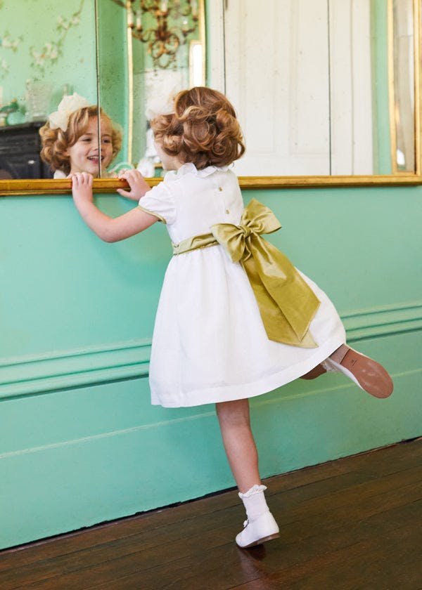 Flower Girl Ivory Dress with Green Silk Sash (6mths-10yrs)