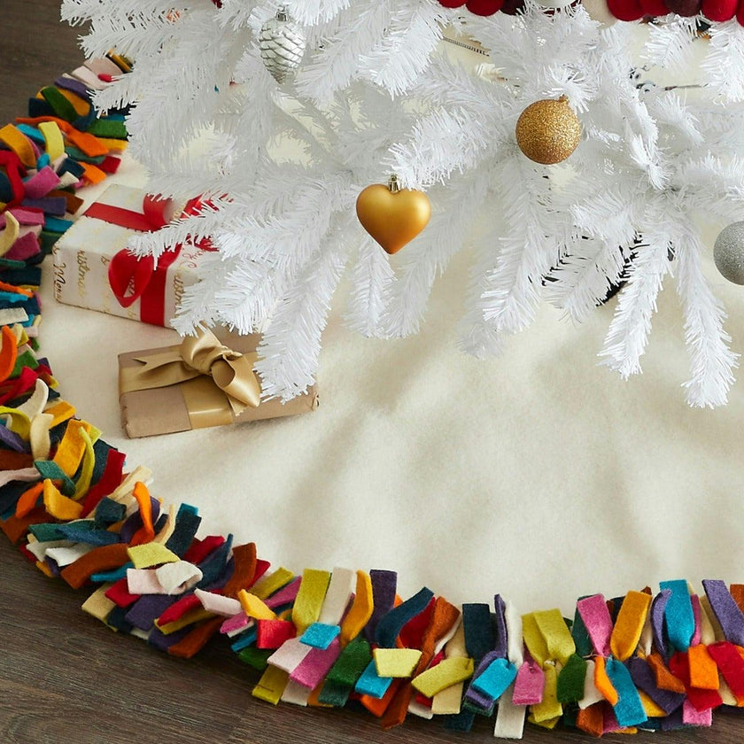 Handmade Felt Multicolor Fringe Border Cream Christmas Tree Skirt Arcadia Home