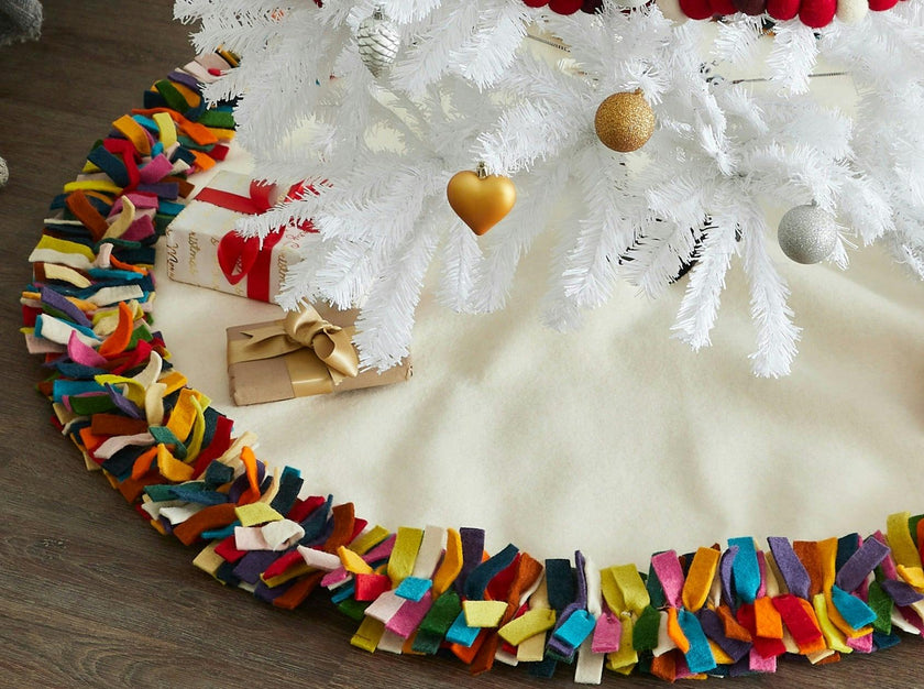 Handmade Felt Multicolor Fringe Border Cream Christmas Tree Skirt - 51" / 72"