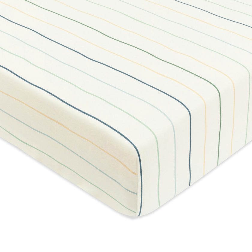 Crib Sheet in GOTS Certified Organic Brushed Cotton in Ivory with Cool Multi-Color Stripes