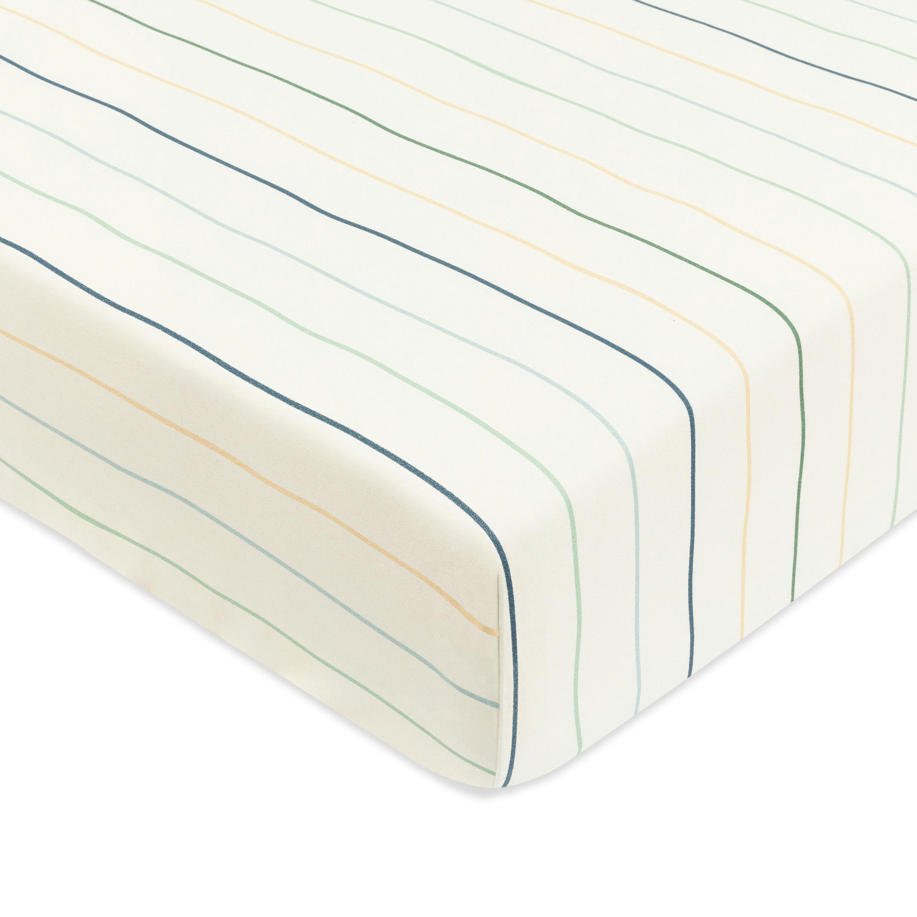 Crib Sheet in GOTS Certified Organic Brushed Cotton in Ivory with Cool Multi-Color Stripes