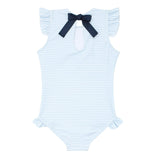 girls powder blue stripe ruffle cap sleeve one piece