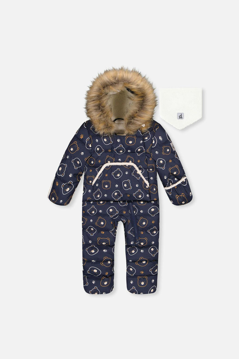 Baby Snug One Piece Snowsuit Adapted For Car Seats Blue Printed Teddy Bears