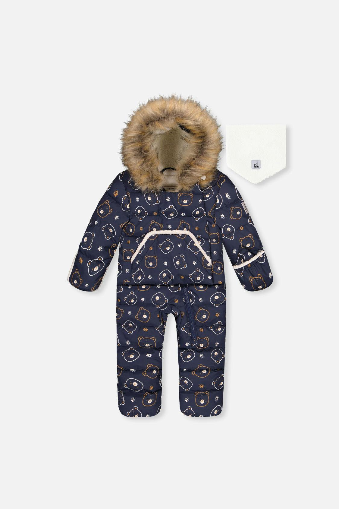 Baby Snug One Piece Snowsuit Adapted For Car Seats Blue Printed Teddy Bears