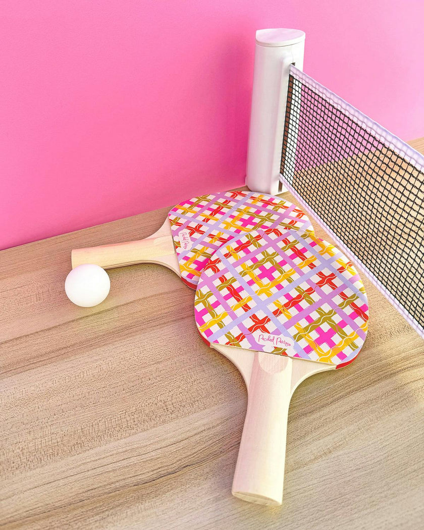 Packed Party Game Set Match Table Tennis Set - 2 Multicolor Plaid Wooden Paddles, 3 Balls, and Retractable Net for Any Table, 6-Piece Complete Set