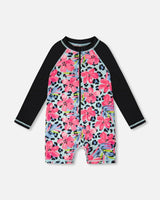 One-Piece Long Sleeve Rashguard Blue Floral And Leopard Print