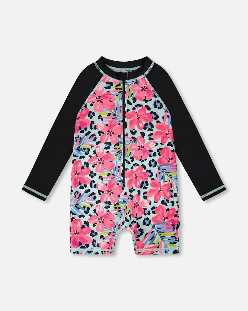 One-Piece Long Sleeve Rashguard Blue Floral And Leopard Print