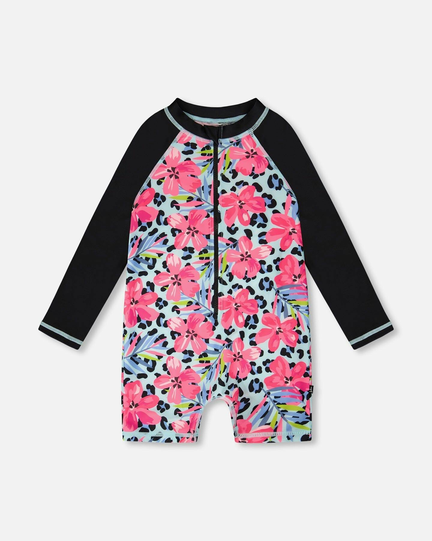 One-Piece Long Sleeve Rashguard Blue Floral And Leopard Print