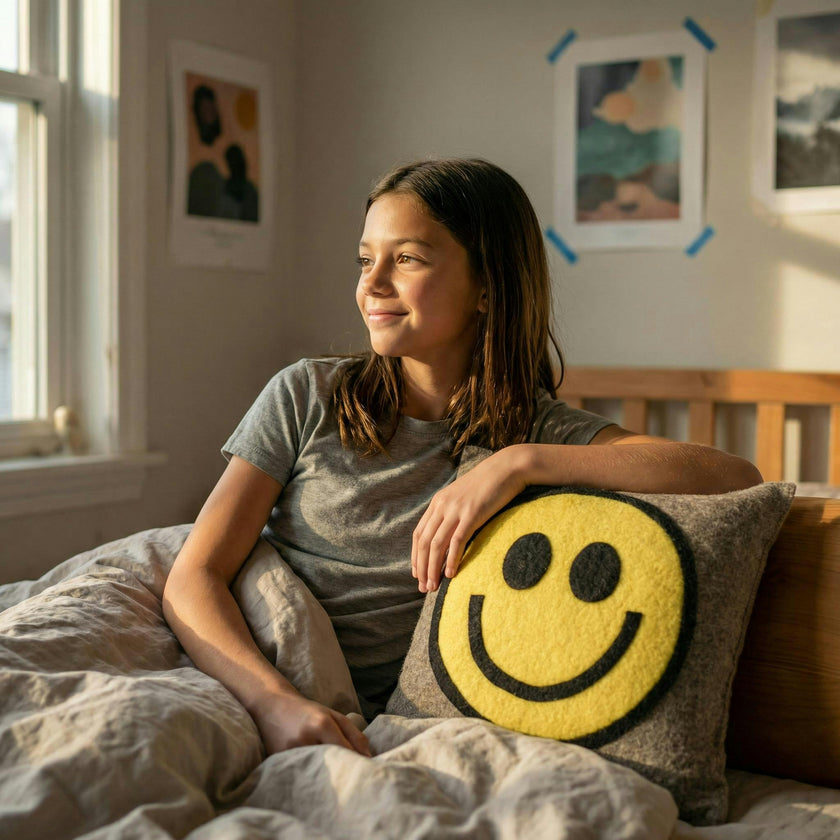 Hand Felted Wool Happy Sad Face Pillow - 20"