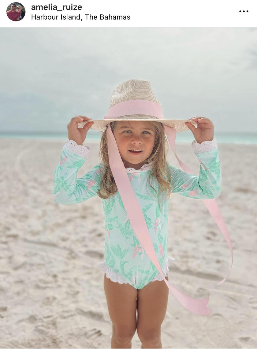 Zinnia Sun Hat for Little Girls (Age 4-10) - Long Pastel Pink Grosgrain Ribbon