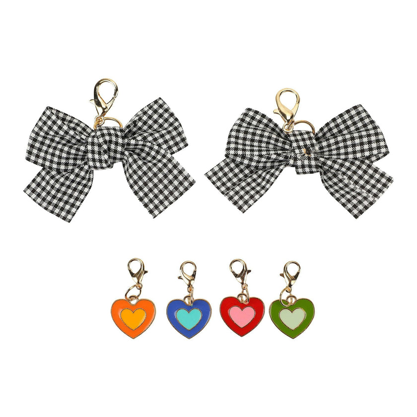 Packed Party Plaid Bows and Rainbow Hearts Shoe Charm Set 6pc - Gingham Bow and Enamel Heart Charms with Lobster Clips for Sneakers, 2.75x3.3 Inch