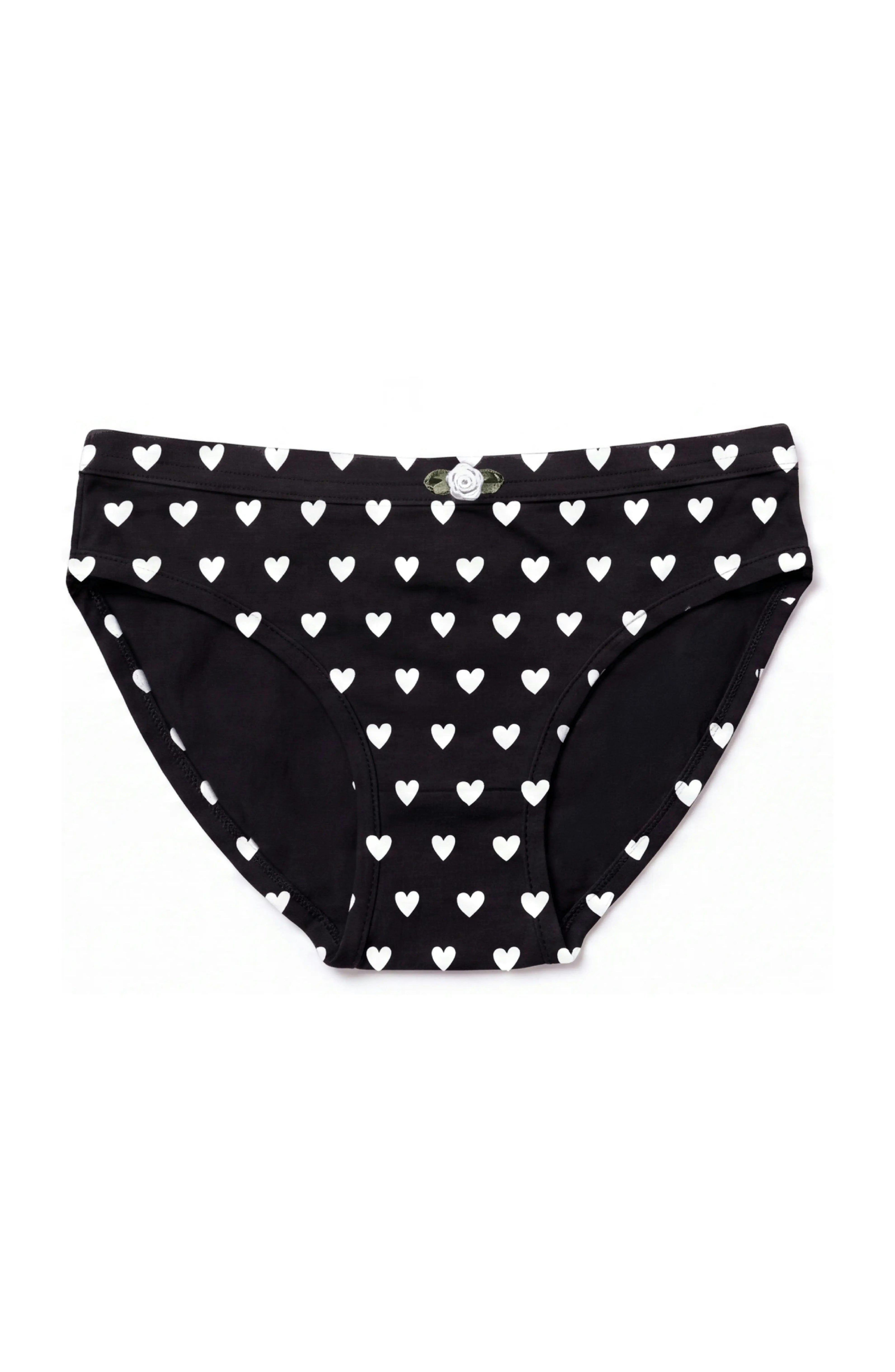 Girls Underwear 3 Piece Set - Black & White Hearts & 2 Solid Black