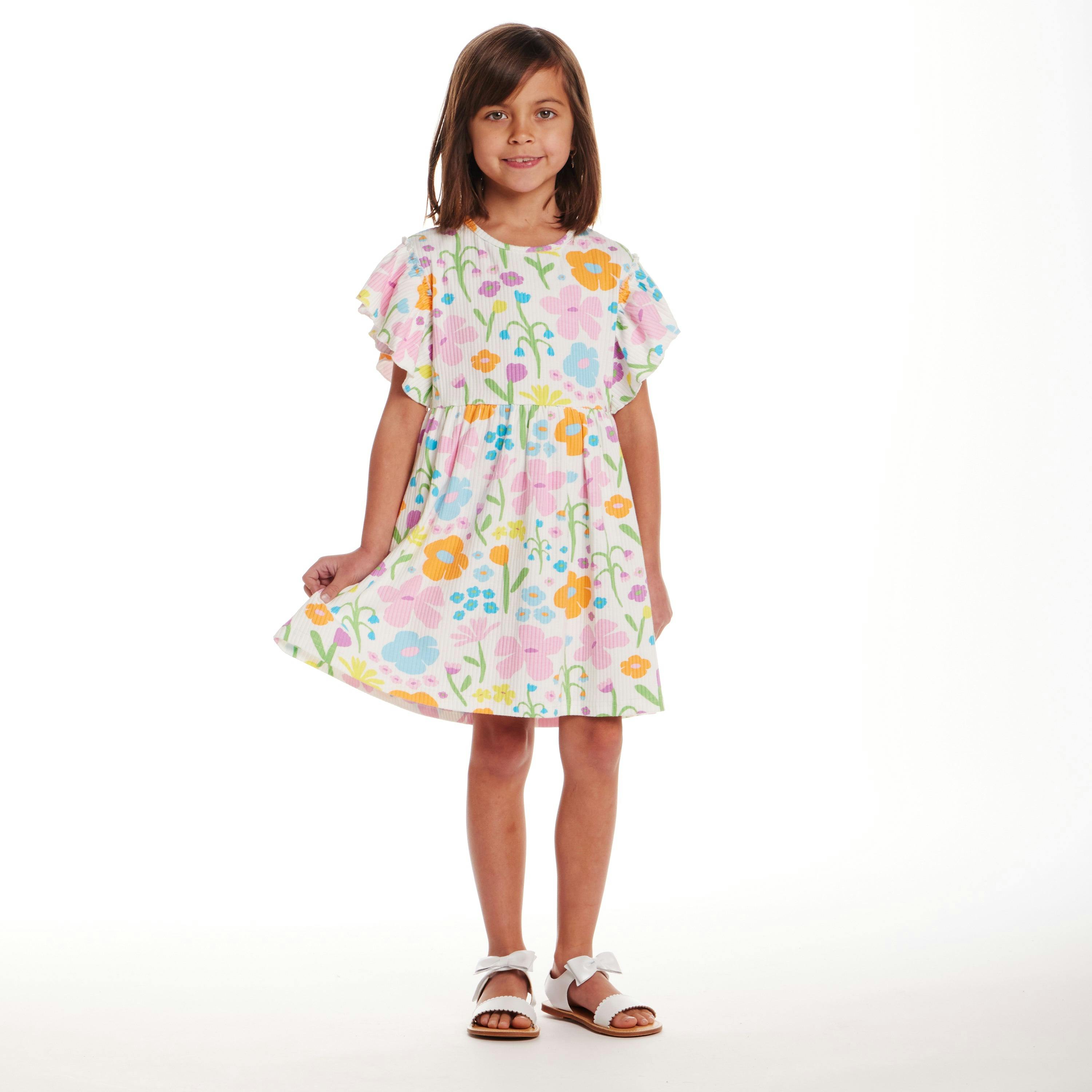 Kids White Rib Knit Dress w/ Ruffle Sleeves