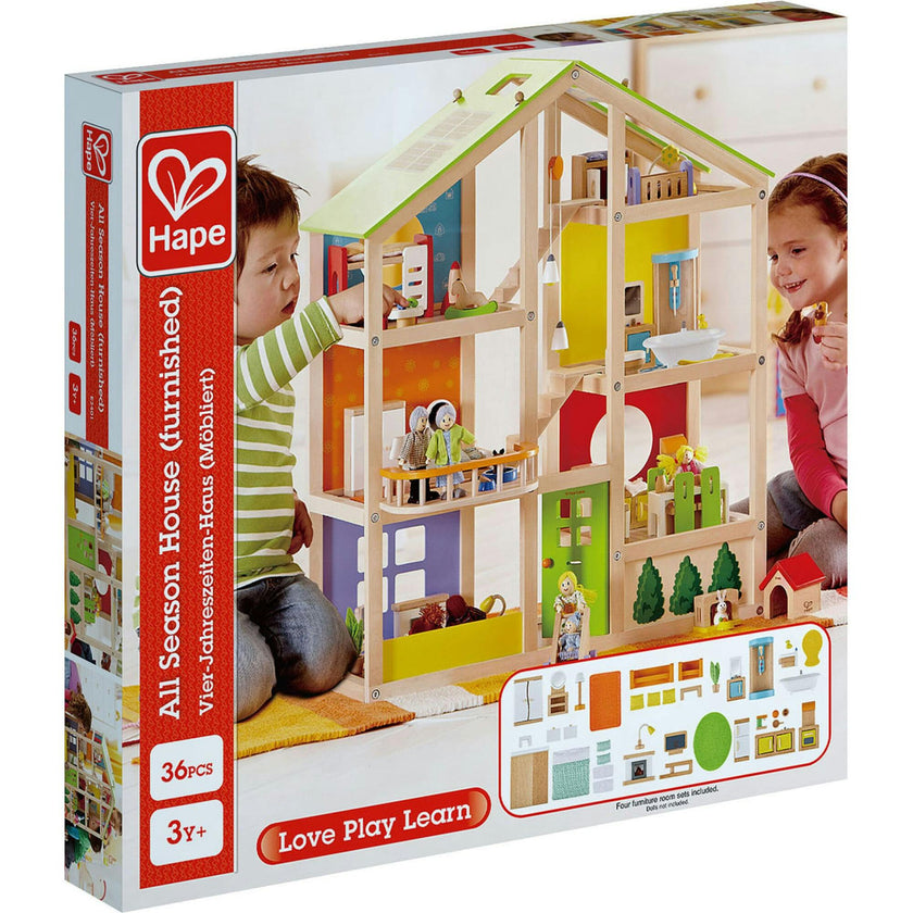 All Seasons Wooden Dollhouse - Kids Furnished Wooden Playset