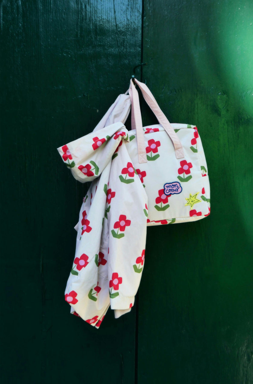 Flower Print Ribbed Cuff Hooded Zipper Raincoat, Pink
