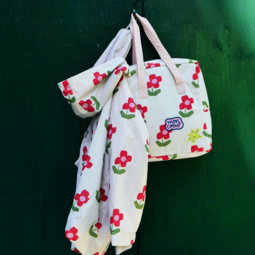 Flower Print Ribbed Cuff Hooded Zipper Raincoat, Pink