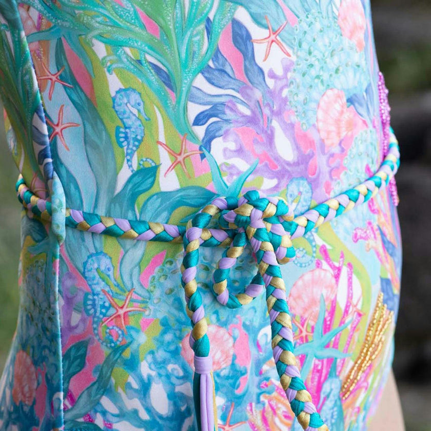 Hand Beaded One Piece Swimsuit with Belt