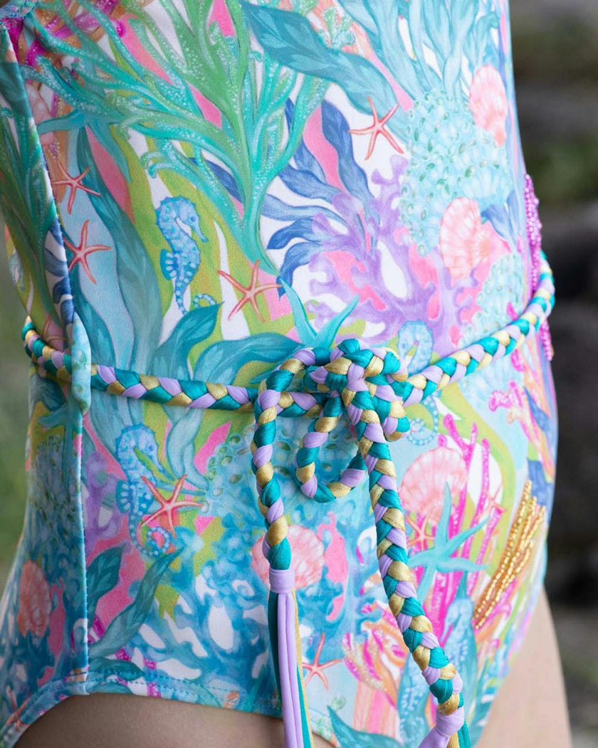 Hand Beaded One Piece Swimsuit with Belt