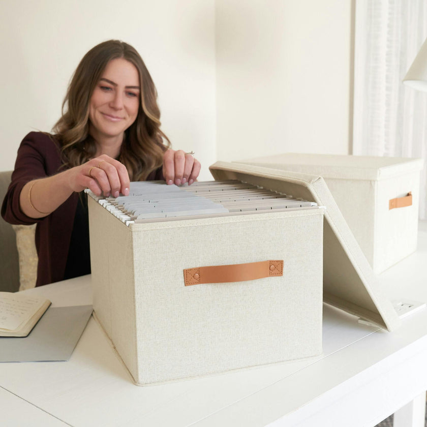 ZICOTO Decorative Ivory File Box Organizer Set of 2 - Collapsible Linen File Cabinet for Easy Folder Storage - Store All Your Documents and Folders in Style