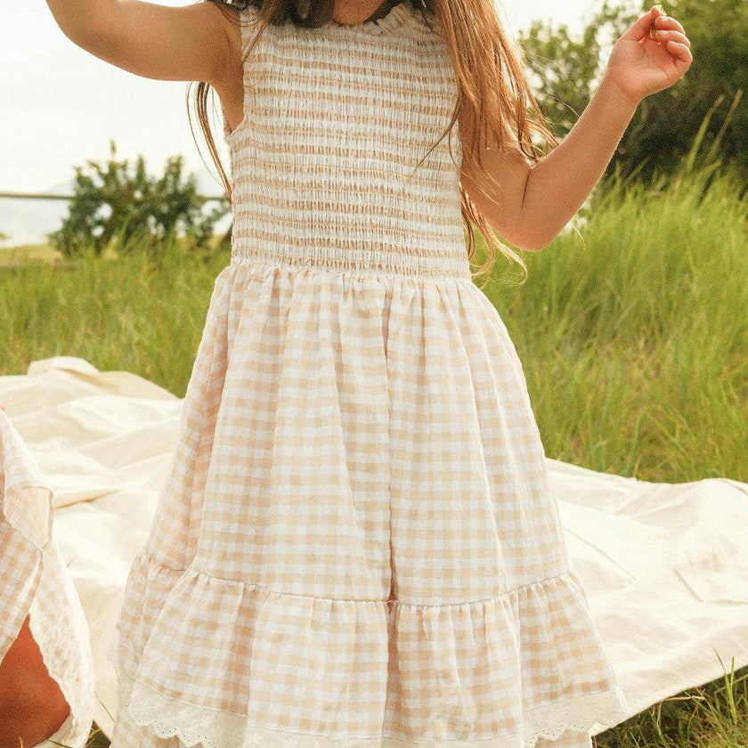Mini Presley Sleeveless Dress in Cream Gingham