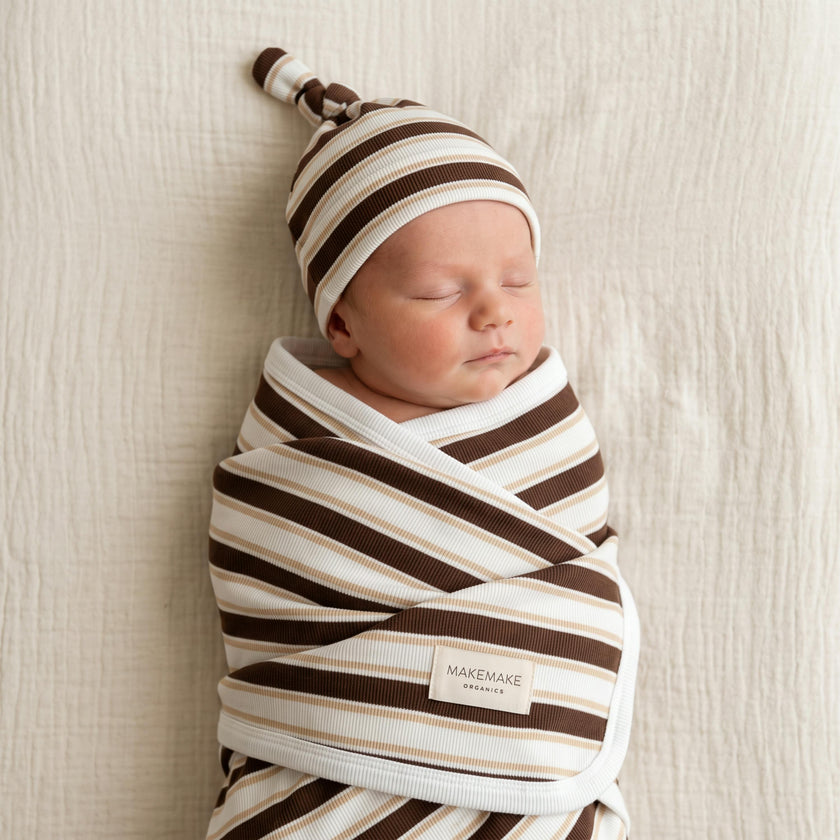 Organic Swaddle Blanket & Hat Set - Cocoa Stripe