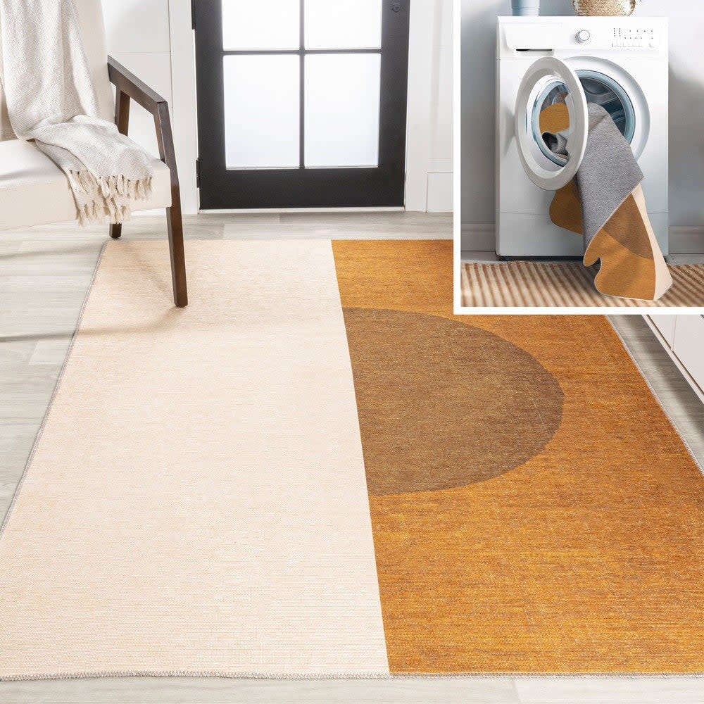 Demie Minimalist Graphic Circle Machine-Washable Area Rug, Brown